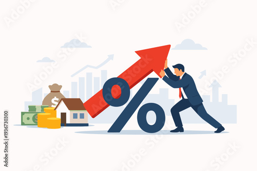 Businessman pushing a red arrow up on a percentage symbol, symbolizing interest rate hike, mortgage increase, inflation, financial growth, investment profit, tax rise, and global economic trends.