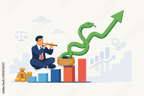 Businessman as a snake charmer controlling a green snake that forms a rising arrow on a bar chart, representing market manipulation, financial growth, investment strategy, and economic success.