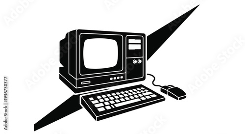 Iconic Vintage Computer Setup Illustration in Monochrome, Capturing the Essence of Early Desktop Technology with a Dynamic Graphic Line, Perfect for Retro Tech Themes and Digital History