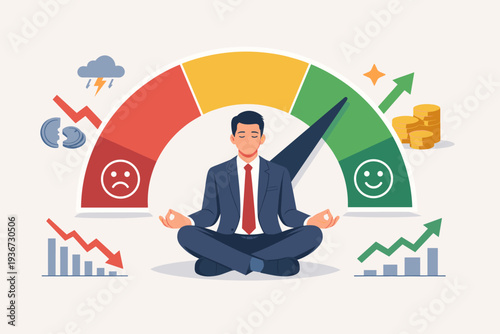 Market Sentiment Fear and Greed Index with Businessman Meditating for Emotional Balance in Stock Market and Crypto Currency Trading, Financial Investment Psychology and Risk Management Vector