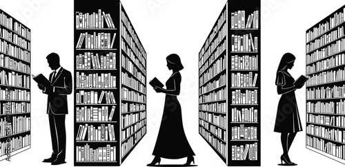 Black and white vector silhouette of people reading books in a library aisle with tall bookshelves for education and literature