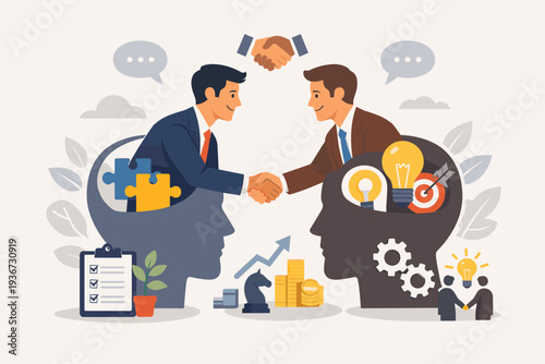 Professional business negotiation and leadership skills for successful partner agreement, collaboration meeting with psychology concepts, handshake between businessmen for deal making and growth.