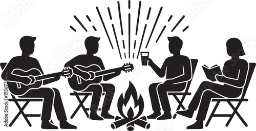 Friends camping around campfire silhouettes, people playing guitar reading book and relaxing outdoor adventure scene