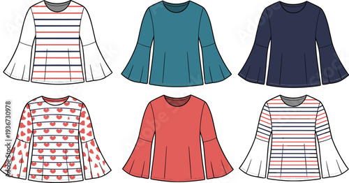 Women’s fashion shirts collection, long sleeve flared cuff tops, striped and solid design variations, wardrobe apparel illustration, clothing pattern template