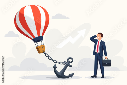 Businessman Looking at a Hot Air Balloon Held Down by a Heavy Anchor and Chain, Metaphor for Business Obstacles, Debt, Failure, and Problems Preventing Growth and Success in Career.