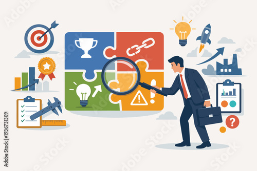 Business Professional Analyzing SWOT Analysis Puzzle with Magnifying Glass for Strategic Planning, Market Research, Competitive Advantage, Strengths, Weaknesses, Opportunities, and Threats.