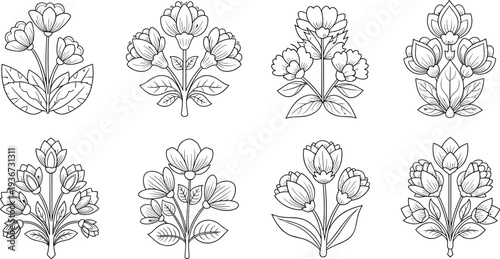 Collection of eight decorative floral motifs in a clean, elegant line art style