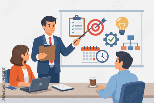Businessman presenting project scope of work and strategy to colleagues in a meeting with whiteboard icons for goals, planning, timeline, and ideas. Professional teamwork vector illustration.
