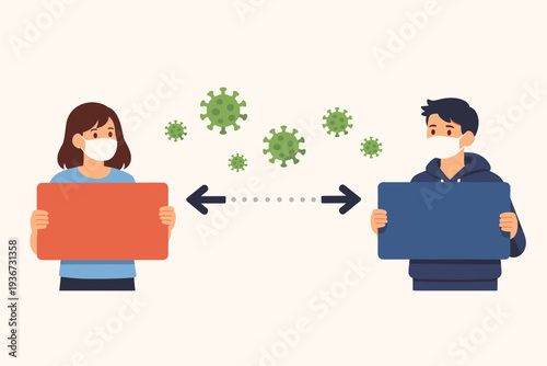 Social Distancing Concept Illustration with People Wearing Face Masks and Holding Blank Signs to Prevent Coronavirus COVID-19 Spread, Keeping Safe Distance with Virus Icons in Background.