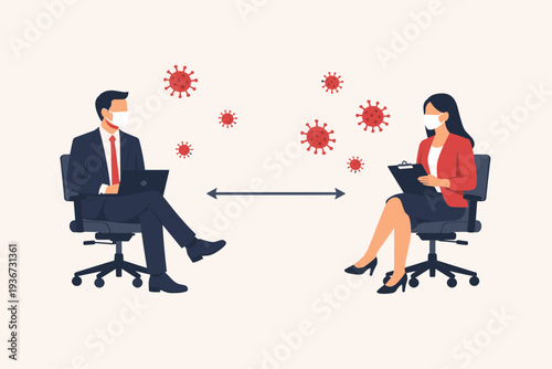 Social Distancing in the Workplace: Business Man and Woman Wearing Face Masks and Keeping Distance to Prevent Coronavirus COVID-19 Spread During an Office Meeting. Flat Vector Illustration.