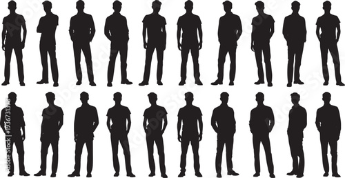 Men standing silhouette collection various poses set, casual male people characters isolated vector illustration bundle