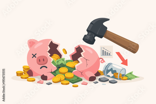 Broken Piggy Bank with Hammer and Scattered Money Illustrating Financial Loss, Economic Crisis, Savings Depletion, Poor Tax Planning Consequences, and Investment Failure in a Flat Vector Style