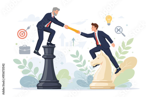 Business Succession Planning and Leadership Transition Concept with Senior Executive Passing Baton to Younger Colleague on Chess Pieces. Mentorship, Career Growth, and Strategic Delegation