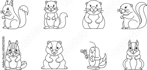Collection of cute cartoon rodents and small animals in a simple line art style