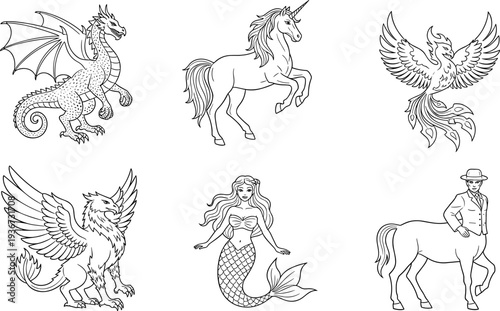 Collection of mythical creatures including a dragon, unicorn, phoenix, griffin, mermaid, and centaur