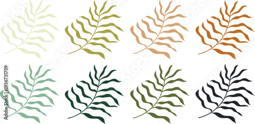 Tropical palm leaf vector set in boho colors. Minimalist terracotta and sage green foliage collection.