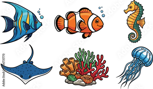 Collection of cute cartoon marine life including fish, seahorse, jellyfish, and coral reef