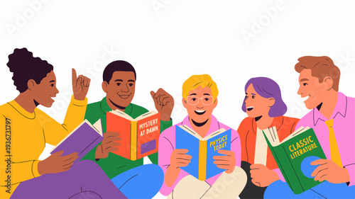 Diverse group of young adults reading books together smiling and discussing colorful clothing casual setting happy atmosphere illustration style