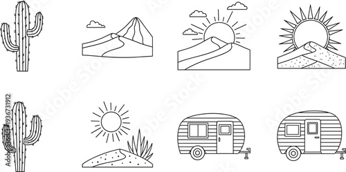 Desert landscape icons featuring cacti, mountains, sun, and campers for travel themes