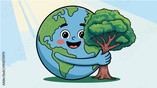 Cheerful cartoon earth character hugging tree symbolizing environmental conservation and sustainability with a sunny background