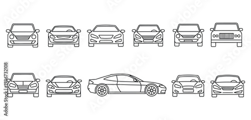 “Modern Line Art Car Icon Set – Front, Side and Perspective Views”