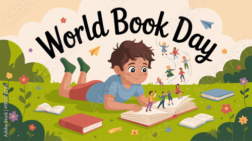 Young boy lying on grass reading a book with colorful characters emerging world book day celebration flat illustration vibrant green meadow