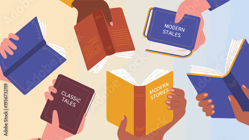 Diverse hands holding various colored books with different subjects and covers in a circular arrangement