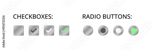 Set of checkboxes and radio buttons. Collection of checked and unchecked boxes, selected and unselected option buttons for forms, surveys and user interface design. UI elements for web and mobile apps