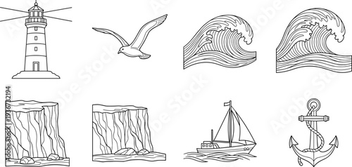 Nautical icons collection featuring a lighthouse, waves, cliffs, sailboat, anchor, and a flying seagull