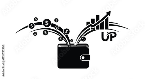 Financial growth and success represented by money emerging from wallet with upward trending graph