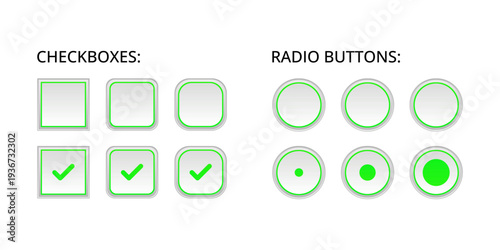 Set of checkboxes and radio buttons. Collection of checked and unchecked boxes, selected and unselected option buttons for forms, surveys and user interface design. UI elements for web and mobile apps