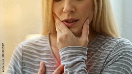 Woman touching her face thoughtfully, worried expression