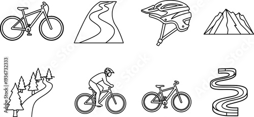 Collection of mountain biking icons including bicycles, helmet, and scenic trails