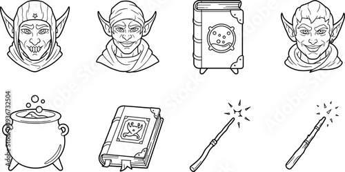 Fantasy creature icons: goblins, spellbooks, cauldron, and magic wands