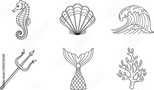 Collection of marine life and mythical sea elements in a simple line art style