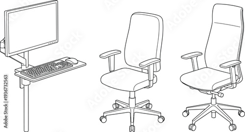 Ergonomic office chair and computer workstation illustration, modern workplace furniture set with monitor keyboard setup, professional workspace design outline