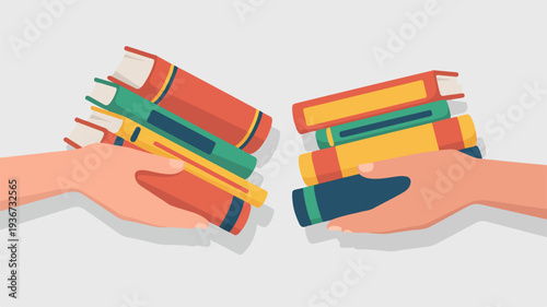 Two hands exchanging stacks of colorful books against a plain white background symbolizing knowledge sharing and education