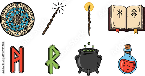 Collection of magical and mystical symbols including runes, wands, and potions
