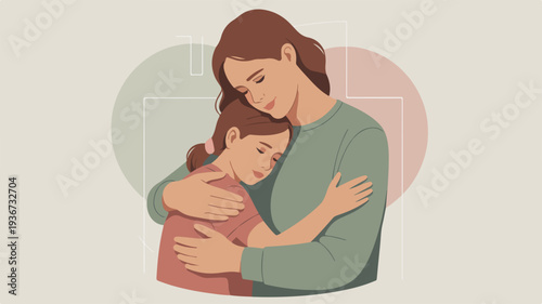 Tender moment between mother and daughter embracing soft illustration warm colors gentle lighting peaceful atmosphere loving connection heartwarming scene serene background