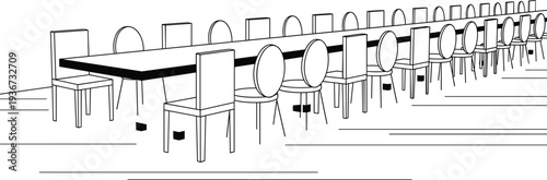 Long banquet dining table with many chairs in perspective, minimal line illustration, restaurant or event seating arrangement interior design concept