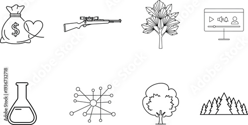 Collection of various icons including money bag gun tree and laboratory equipment