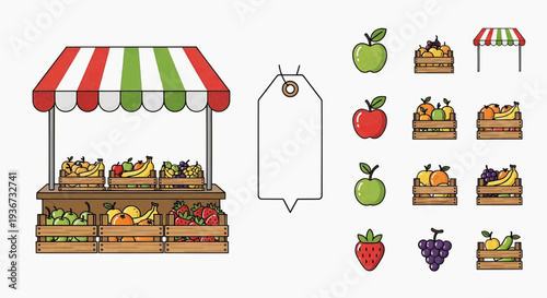 Fresh produce market stall with assorted fruits and vegetables displayed under a striped awning, viewed from the front