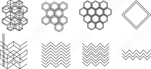 Geometric patterns collection: hexagons, zigzags, and cubes in a minimalist line art style