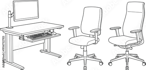 Modern ergonomic office workstation setup illustration, adjustable standing desk with monitor and keyboard tray, ergonomic office chairs furniture design outline