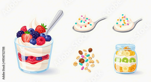 Illustration of a layered dessert in a glass cup with fruit and toppings, accompanied by spoons and ingredients in jars
