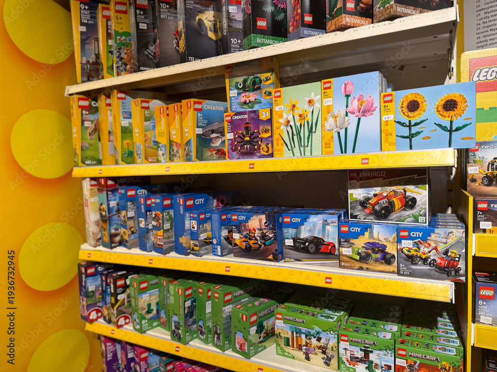Fototapeta premium Colorful lego sets on store shelves