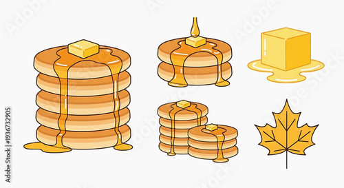 Stacks of pancakes with butter and syrup, accompanied by a pat of butter and a maple leaf, possibly on a table, graphic illustration
