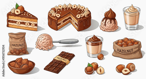 Assorted Hazelnut Desserts and Ingredients, Top-Down View of Sweet Treats and Baking Essentials