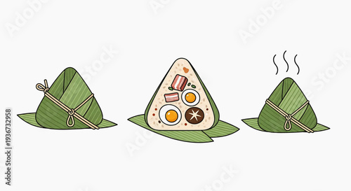 Three Pyramid-Shaped Dumplings Wrapped in Leaves, One Revealing Savory and Sweet Fillings, Illustrated Scene from a High Angle