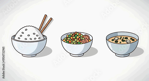 Three bowls of Asian-style food are arranged side by side on a clean white surface, viewed directly from above.